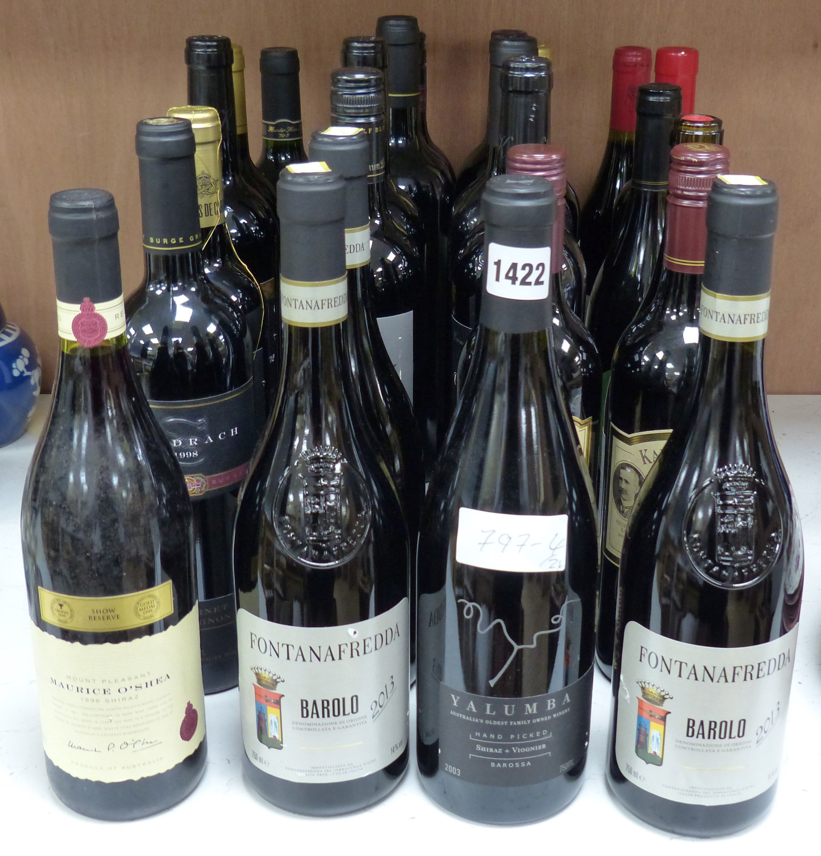 Twenty four assorted mainly Australian red wines, including Wolf Bass platinum label, 2002, Maurice O'Shea Shiraz, 1998, Ravenswood Cabernet Sauvignon, 1999 and three Fontanafreddo, Barolo, 2013, (see images for complete